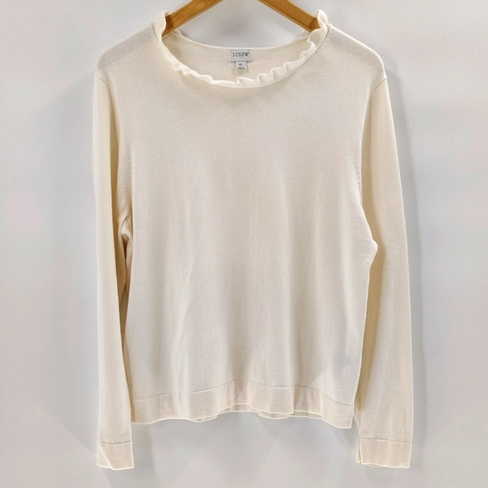 J. Crew Ivory Cream Pullover Sweater Size XL Long Sleeve Ruffle Open Neck